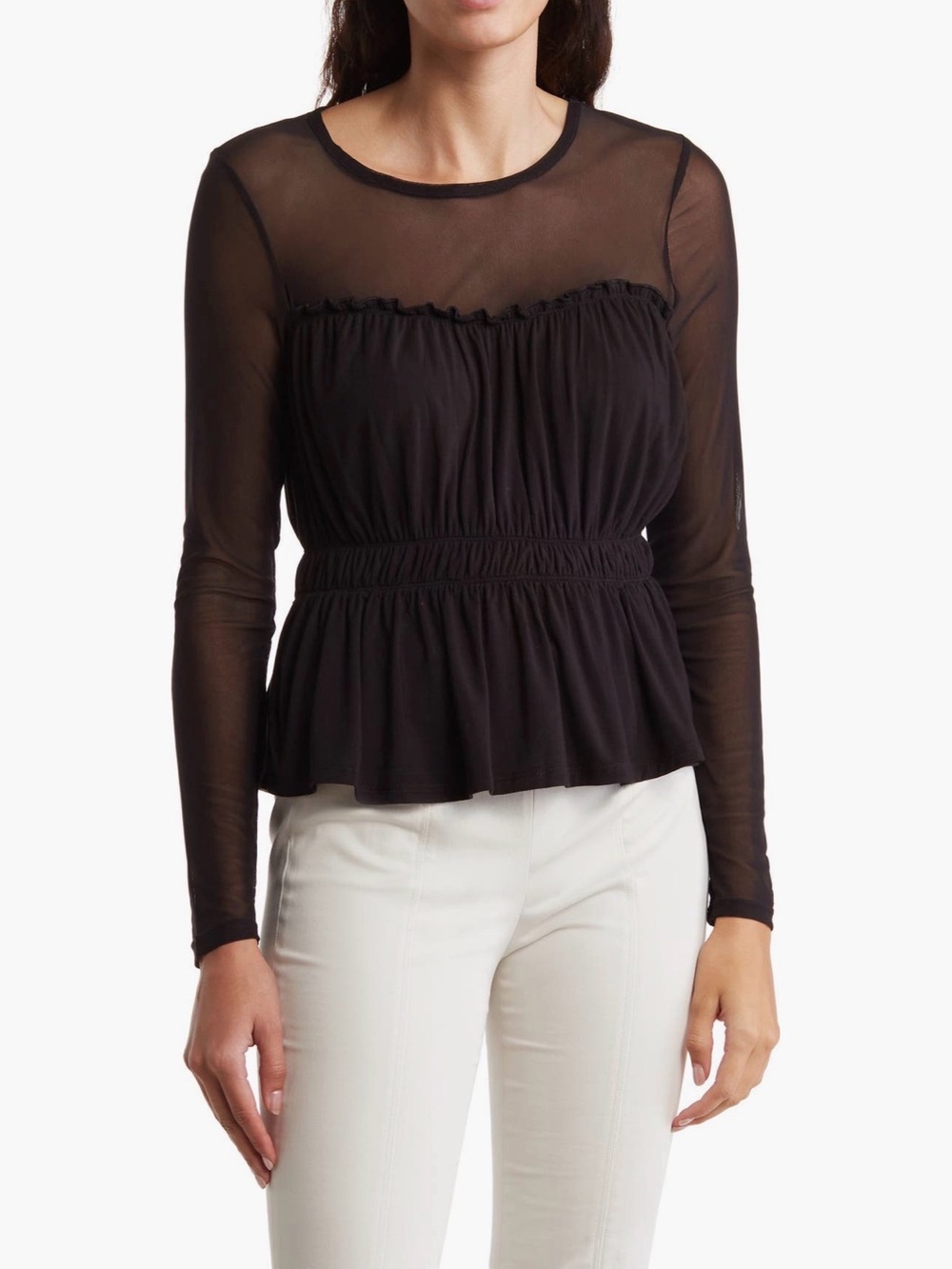 BCBGeneration Black Sheer Long-Sleeve Ruffled Peplum Top